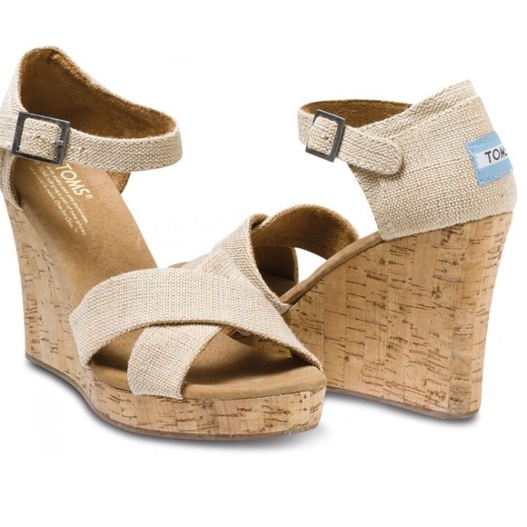 Toms Shoes - Toms Sienna Tan Burlap Strapped Wedge - Sz 9.5